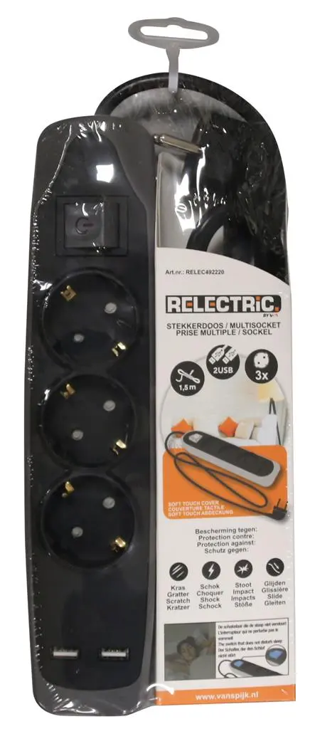 Relectric RELEC492220 Bloc Multiprises 1.5 Mtr 3-gangs 2x USB 6 Relectric RELEC492220 Bloc Multiprises 1.5 Mtr 3-gangs 2x USB – Image 4